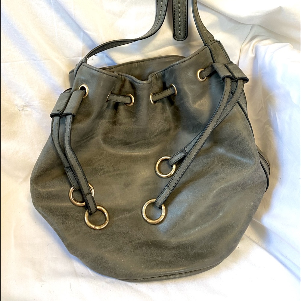 Gray Leather Drawstring Closure Shoulder Purse - image 1